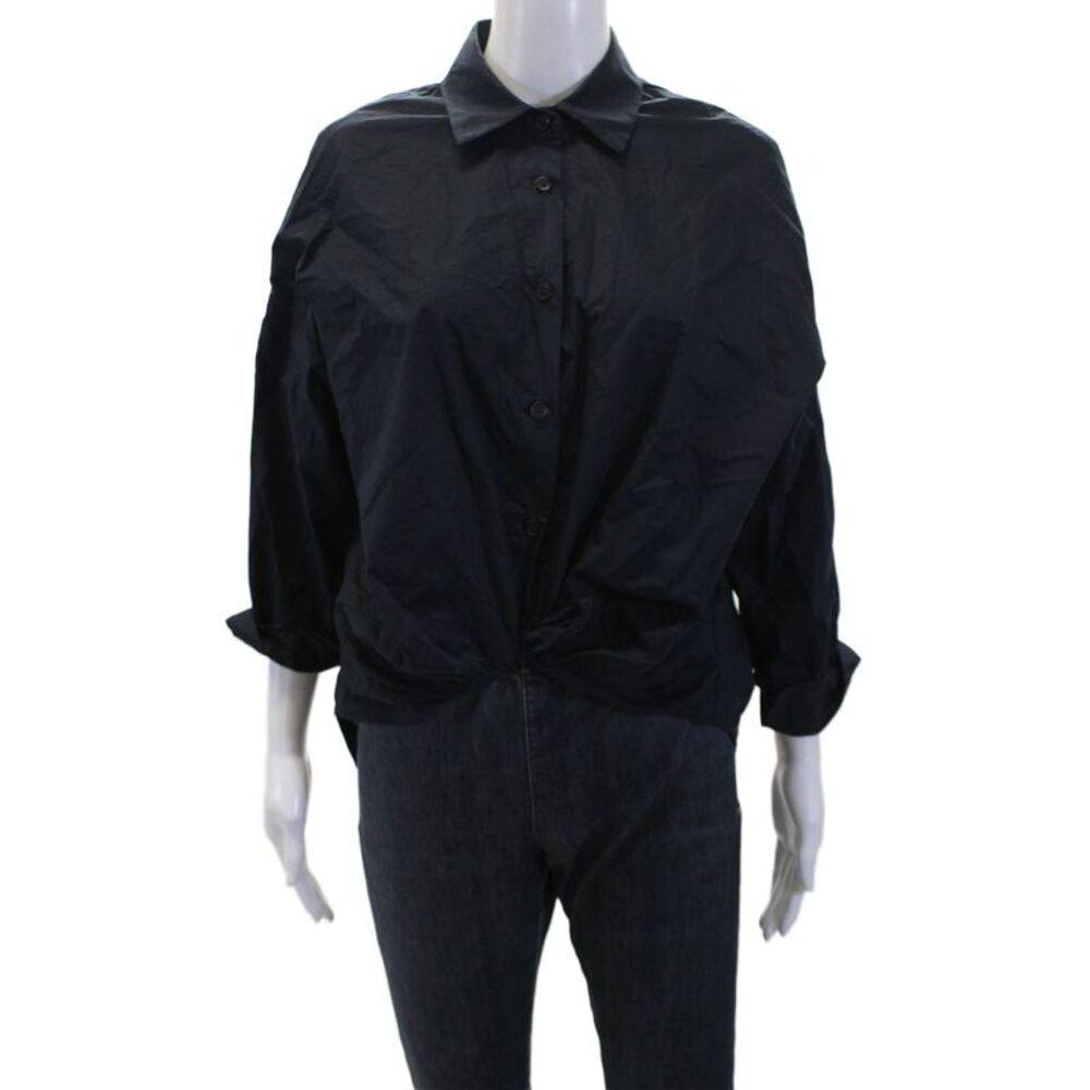 Andrea Sassi Womens Ruched Button Down Shirt Navy Blue Cotton Size Medium